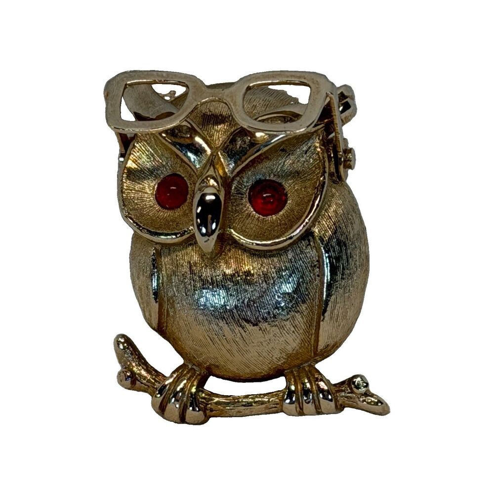 Vintage Sarah Coventry Gold Tone Owl Wearing Glasses Red Rhinestone Brooch Pin